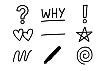Simple black symbols and shapes depicting emotions and inquiries on a white background