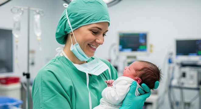 Caring medical staff holds newborn baby in operating room after successful birth, depicting birth with baby. Nurse takes care of baby in post delivery. Concept birth represents miracle of life, joy.