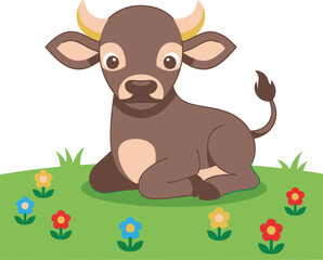 Cute cartoon brown calf sitting peacefully in a green meadow with colorful flowers isolated on white background