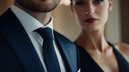 Elegant couple in formal attire, the man wearing a suit and tie, the woman with dark lipstick and refined features, creating a sophisticated and chic vibe.