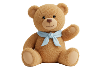 Adorable brown teddy bear with blue scarf isolated PNG, cute plush toy for kids and decoration on transparent background