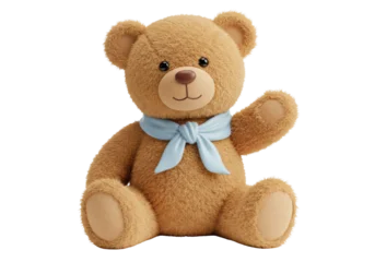 Fotobehang Beer Adorable brown teddy bear with blue scarf isolated PNG, cute plush toy for kids and decoration on transparent background  © Eoin