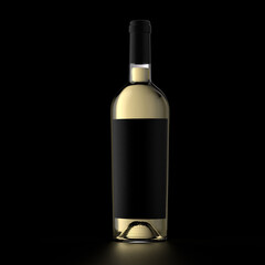 3d illustration of front view of white wine bottle with black label and cap on dark background