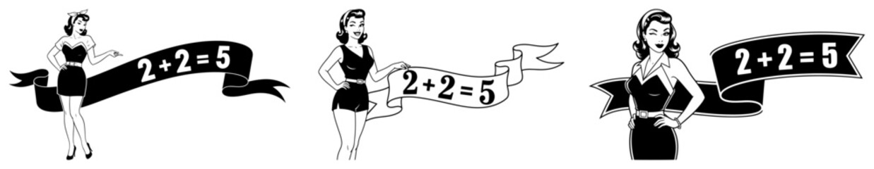 Retro Pin Up Girls with 2 Plus 2 Equals 5 Ribbon Emblems