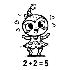Kawaii Girl in Party Hat with 2 Plus 2 Equals 5