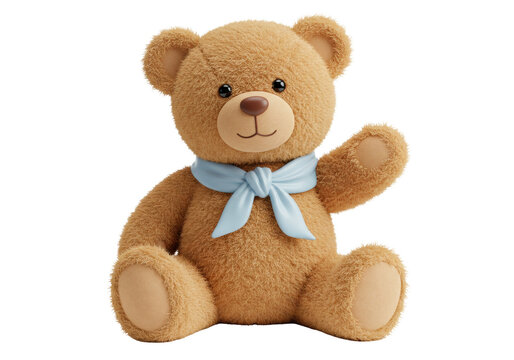 Adorable brown teddy bear with blue scarf isolated PNG, cute plush toy for kids and decoration on transparent background