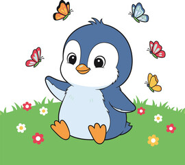 Adorable cartoon baby penguin sitting in a grassy field with colorful butterflies flying around isolated on white background