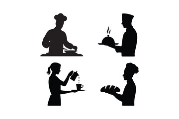 Silhouettes of chefs in various culinary actions and serving food