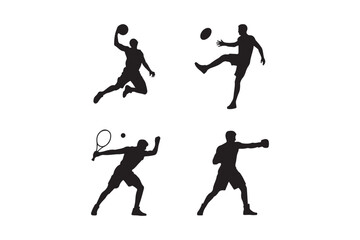 Silhouettes of athletes playing four different sports