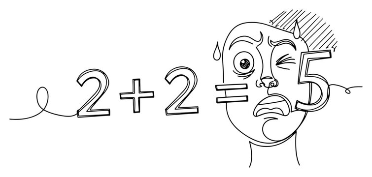 Worried Man with 2 Plus 2 Equals 5 Minimal Line Drawing
