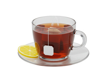 Glass cup of black tea with lemon slice isolated, refreshing beverage with teabag on transparent background