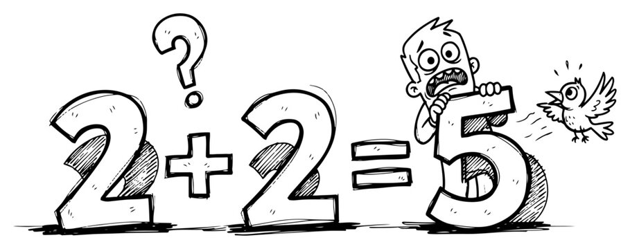 Absurd Cartoon Illustration of a 2+2=5 Equation