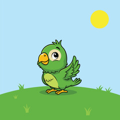 Adorable cartoon green parrot with big eyes standing on grass isolated on white background