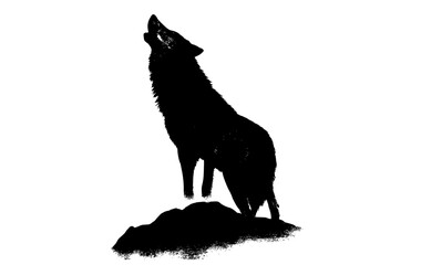 a black and white silhouette of a wolf howling from a rocky surfaceanimal, black, coyote, gray, photo, stand, stone, white, wolf 