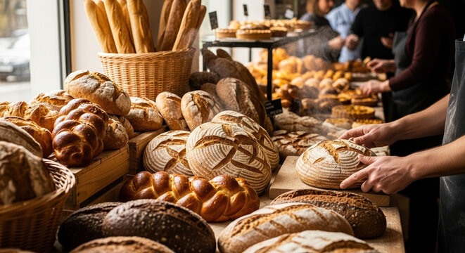 Fresh bakery bread showcases a variety of loaves on a display counter, offering inviting bakery bread options for customers. Assorted bakery bread types, like sourdough and rye,