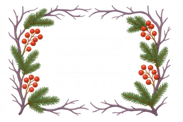 Winter festive frame with spruce tree branches, red berries, and bare twigs, watercolor style on transparent background