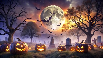 Fototapeta premium Halloween night with pumpkins, bats and tombstones under a full moon