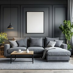 Stylish Gray Living Room with Panoramic Layout and Empty Poster Space