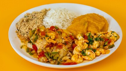 Brazilian moqueca capixaba is a typical dish from Espírito Santo, Brazil, with sea fish and shrimp, cooked in a clay pot and accompanied by white rice, pirão and farofa.