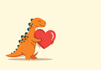 An adorable orange dinosaur gently holds a large red heart with a sweet smile on its face.