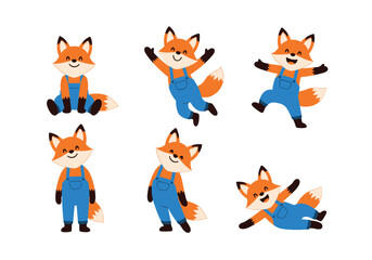 Fototapeta premium Collection of cute cartoon foxes wearing overalls in various playful poses.