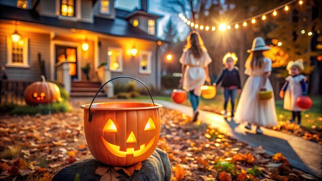 Children trick or treating on halloween night in front of a house - Powered by Adobe
