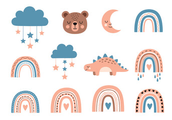 Fototapeta premium Adorable boho nursery elements featuring clouds stars moon bear and dinosaur rainbows.
