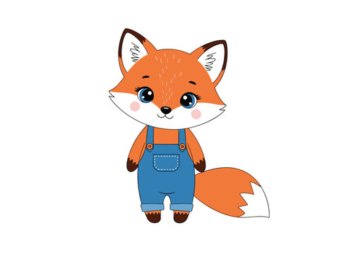A cute cartoon fox wearing blue overalls is standing with its tail bushy and fluffy.