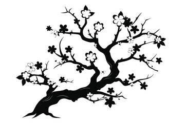 Black Silhouette of Tree with Flowers and Small Twigs Blooming, Oriental Symbolism Art