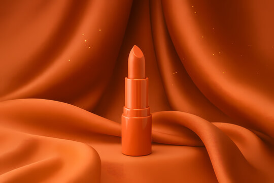 Orange Lipstick on Orange Satin Beauty Product Photography Vibrant Cosmetic Glamour Stylish Modern Fashion Elegant Makeup Bold