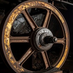 Close-up of a rusty, aged industrial wheel
