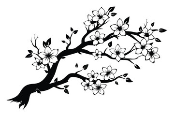 Black and White Cherry Blossom Branch Silhouette Illustration with Leaves and Flowers