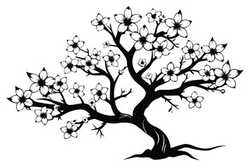 Black and White Illustration of a Blossoming Tree with Flowers and Branches Isolated