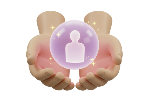 Two hands holding a person inside a crystal ball PNG isolated, future prediction and personal growth concept