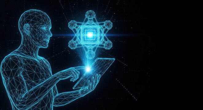 Human figure with digital tablet and atom digital technology on dark background