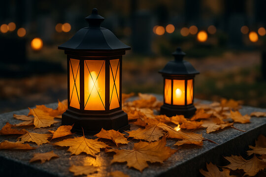 Two antique-style black metal lanterns with glowing orange candles sitting on a stone tombstone covered in dry yellow maple leaves in a dark cemetery, all saints' day and all souls' day