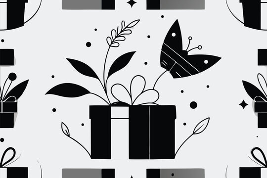 Vector art of gift box with butterfly and plant seamless pattern