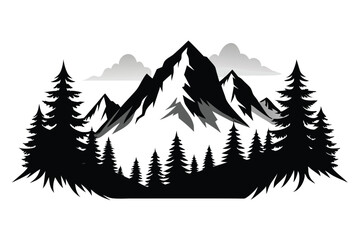 Black and Gray Mountain Landscape Silhouette with Pine Trees and Clouds Illustration