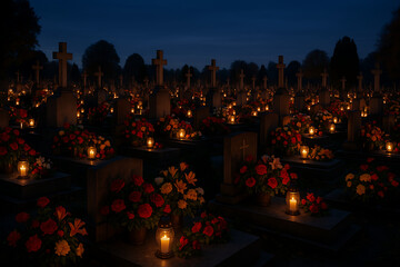 An expansive view of a graveyard at night with countless glowing candles and vibrant flowers on gravestones marked with crosses honoring the departed all saints' day and all souls' day
