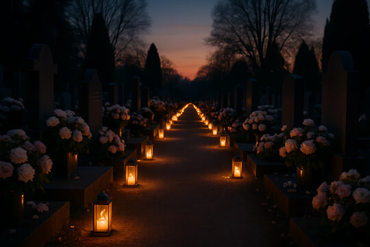 A solemn, dimly lit cemetery pathway at dusk lined with glowing lanterns and fresh white rose bouquets creating a peaceful atmosphere on all saints' day and all souls' day