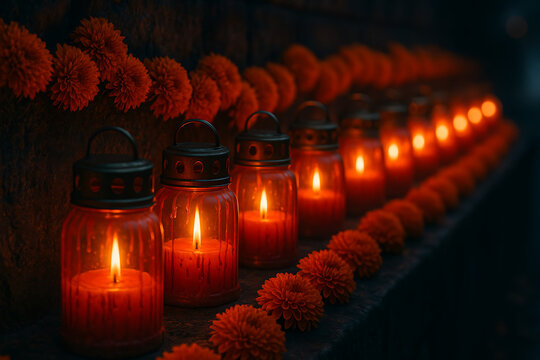 A row of glowing red jar candles and bright orange marigold garlands creating a warm, illuminated tribute along a stone ledge at night all saints' day and all souls' day