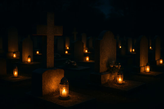 Dark cemetery at night illuminated by small glowing candles in jars placed on tombstones and gravestones for remembrance on all saints' day and all souls' day