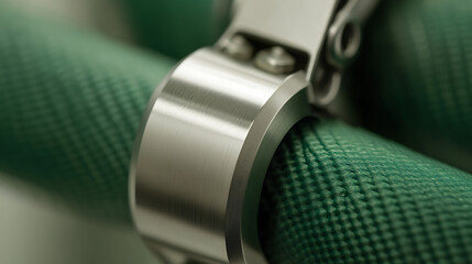 Green hose secured with a metal clamp, focusing on texture and industrial design, captured in a detailed macro shot. Hardware and textile.