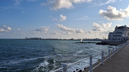 View from the promenade of the harbor, the Black Sea and the Casino of Constanta