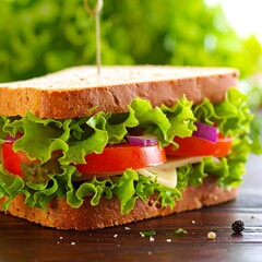 Close-up of a sandwich on a wooden surface