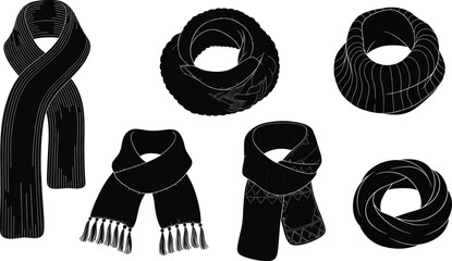 Fashion scarf collection, winter accessory illustration, infinity scarf, ribbed scarf, fringed scarf, textile design, clothing style, fabric pattern, cozy wrap