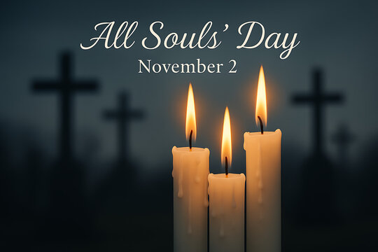 All souls' day november 2 text above three lit white candles with a blurred dark cemetery background and crosses in the distance on all saints' day and all souls' day