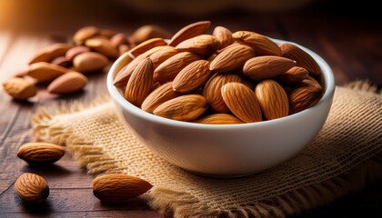 Shelled Almonds In White Bowl With Rustic Burlap And Wooden Surface Close Up Organic Snack With Warm Cozy Lighting