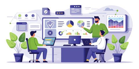 Fototapeta premium Cybersecurity monitoring center with IT analysts and dashboard