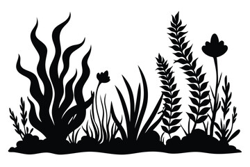 Silhouette of Black Plants, Ferns, and Flowers Arranged Harmoniously in a Row Illustration